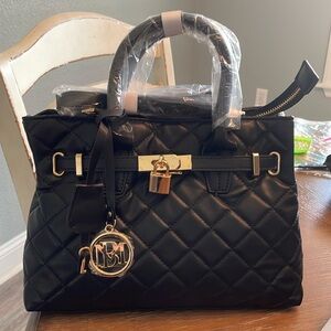 Badgley Mischka black vegan leather handbag with optional strap - lock and key